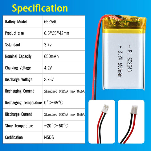 652540 3.7V Lipo Battery 650mAh, Rechargeable Lithium Polymer Battery Pack with JST PH2.0mm Connector for Electronic