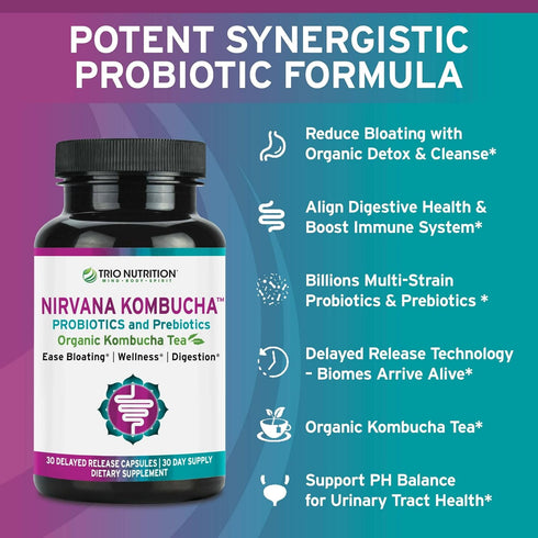 TRIO NUTRITION Nirvana Kombucha, Multi-Strain Probiotics & Prebiotic Blend with Organic Tea, Delayed-Release Capsules