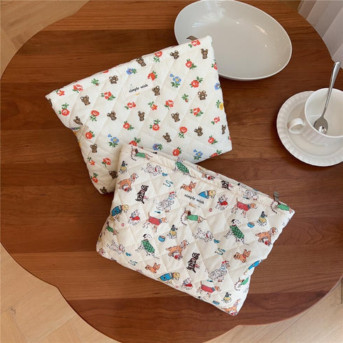 Quilted Cotton Makeup Bag, Cute Animal Cosmetic Bag, Large Capacity Travel Toiletry Bag for Women and Girls (01Dog)
