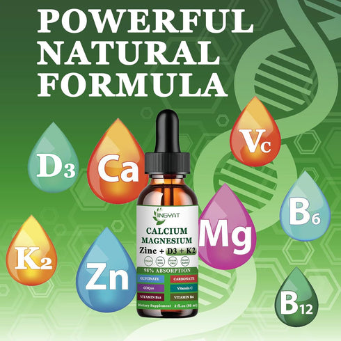 Calcium Magnesium Zinc Liquid Drops - 500mg Magnesium Glycinate, 1000mg Calcium with Vitamin D3, K2, B6, B12