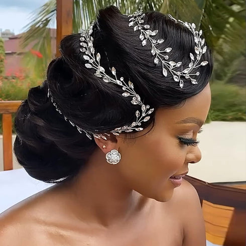 Wedding Bridal Crystal Long Hair Vines Head Piece, Beaded Bohemian Jewelry Headband (Short Silver-50cm)