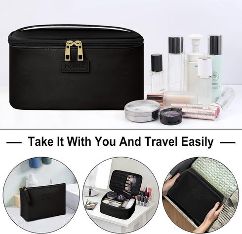 MAANGE Large Makeup Bag with 2pcs Small Bags, Portable Leather Travel Set for Women and Girls, Black
