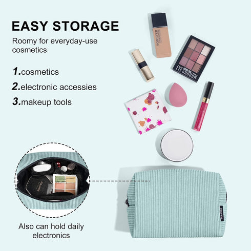 MAANGE Small Makeup Bag for Women - Corduroy Travel Pouch with Metal Zipper (BLUE)