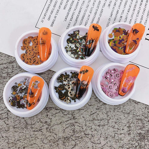 Kalolary 8 Boxes Halloween Nail Art Sequins, 3D Nail Art Decals Stickers for Pumpkin Witch Bat Manicure DIY Decoration