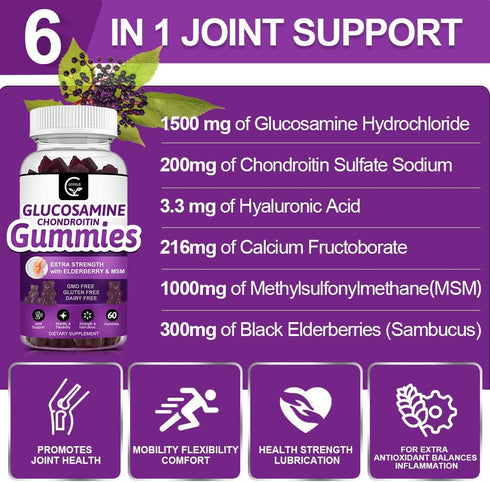 Glucosamine Chondroitin Gummies with MSM & Elderberry, 60 Gummies (2 Pack), Joint Support & Immune Supplement