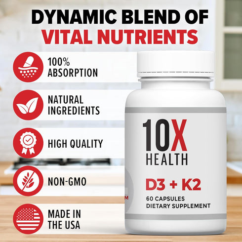 10X Health Vitamin D3 K2 - 125 mcg Vitamin D and 90 mcg Vitamin K Supplements for Bone Health, 60 Capsules