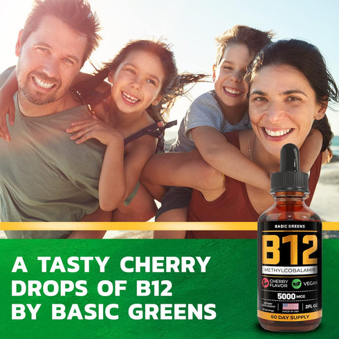 Vitamin B12 Sublingual (Vegan) - 2 Fl Oz Cherry Flavor Methylcobalamin B12 Liquid Drops, 5000 mcg