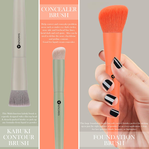 KINGMAS 3Pcs Makeup Brush Set, Foundation, Contour, Concealer, Under Eye & Blusher Kabuki Brushes for Face Blending