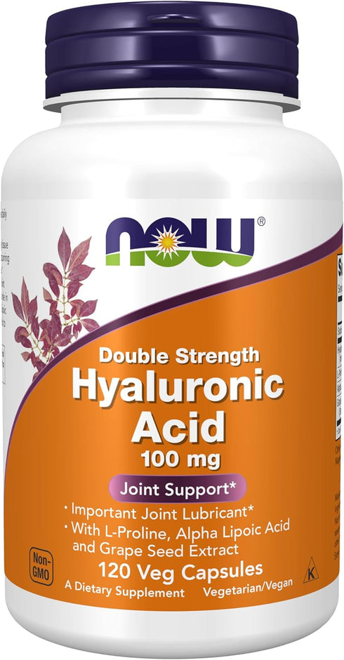 NOW Supplements Hyaluronic Acid 100 mg Double Strength with L-Proline, Alpha Lipoic Acid, Grape Seed Extract, 120 Veg