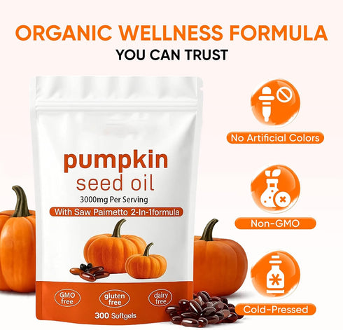 hanachi 2 1 3000mg 300 (1) Pumpkin Seed Oil Capsules, in Pumpkin Seed Oil with Saw Palmetto for Hair, Pure & Natural