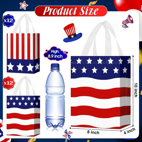 Locmeo 24 4th 8 4 10 Inch Pcs of July Patriotic Party Favor Bags with Handles Reusable Non Woven American Flag Goodie