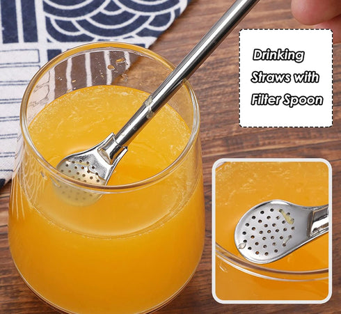 Reusable Stainless Steel Drinking Straws with Filter Spoon, 6 Pieces Yerba Mate Tea Bombilla Straws, 7.1inch