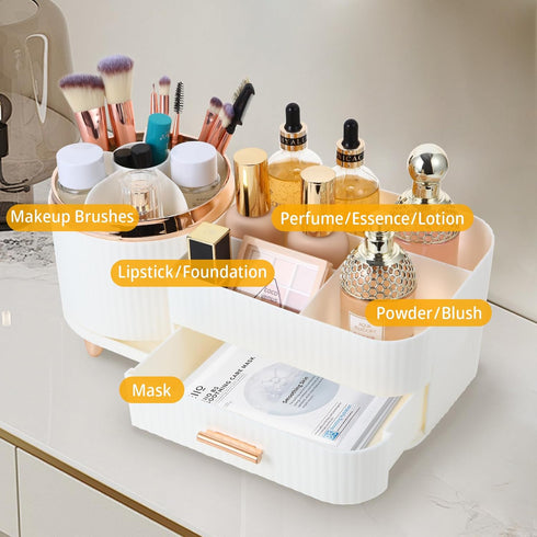 Makeup Organizer Countertop with Drawers 360 Rotating Makeup Brush Holder Large Capacity Skincare Organizer for Vanity Desk, All White