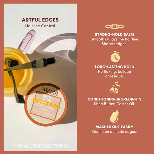 Mizani Artful Edges Edge Control Gel | Strong Hold Hair Balm | Flake-Free with Castor Oil & Shea Butter | 1.6 Fl. Oz