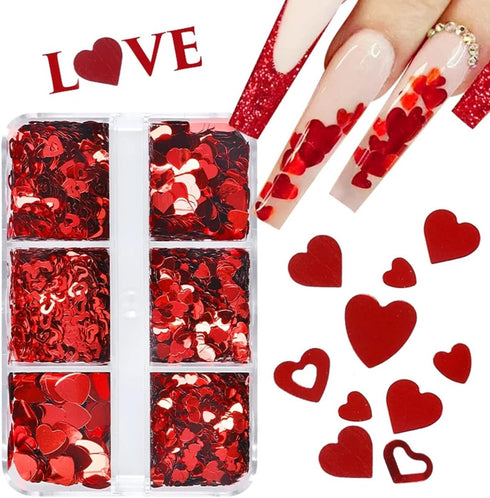 6 Grids Heart Nail Sequins 3D Holographic Nail Glitter Flakes for Valentine's Day Nail Decals for Women