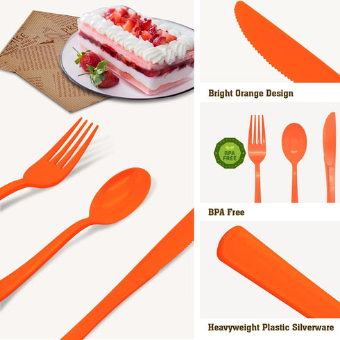 150 Pack Orange Plastic Silverware - Heavy Duty Cutlery with 50 Forks, 50 Spoons, 50 Knives for Parties