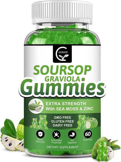 Organic Soursop Graviola Gummies, 2200mg Extra Strength, Zinc & Vitamin C, 60 Gummies, Vegan