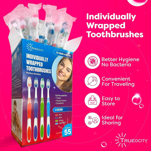 Toothbrushes Bulk Individually Wrapped - 55 Pack, Medium Bristles, Multi-Colored Toothbrushes for Adults and Kids