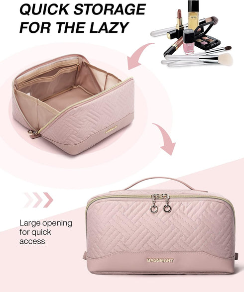 BAGSMART Travel Makeup Bag - Water-Resistant Portable Cosmetic Pouch, Flat Open Organizer for Toiletries and Brushes, Pink