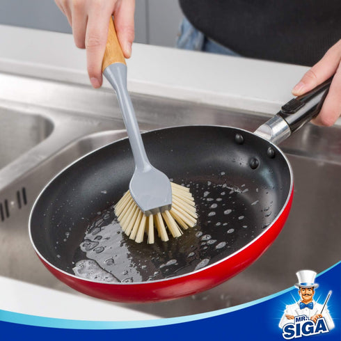 Pack 2 MR.SIGA Dish Brush with Long Bamboo Handle Built-in Scraper, Scrub Brush for Pans, Pots, Kitchen Sink Cleaning
