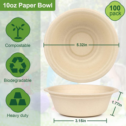 Paper Bowls 10 oz, 100 Pack Small Disposable Heavy Duty Bowls for Hot Soup, Ice Cream, Fruits, 100% Compostable