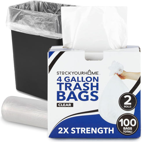 Stock Your Home 4 Gallon Garbage Bags, 100 Count, Leakproof, Versatile Usage, Grab-n-Go
