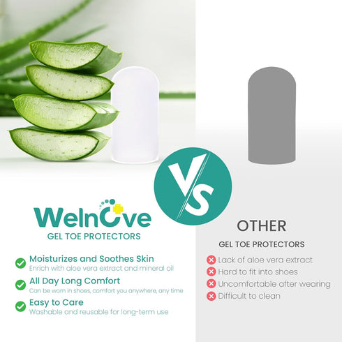 Welnove Gel Toe Cap and Protector, 12-Pack Aloe Vera Infused Silicone Toe Covers for Pain Relief