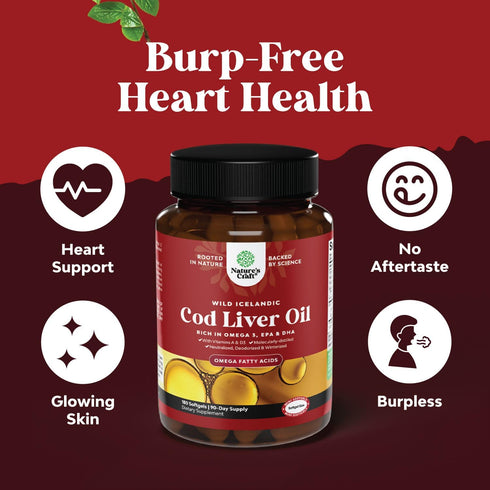 Icelandic Cod Liver Oil Softgels, Wild Caught EPA DHA Omega-3, 1000mg, Burpless Fish Oil Supplement