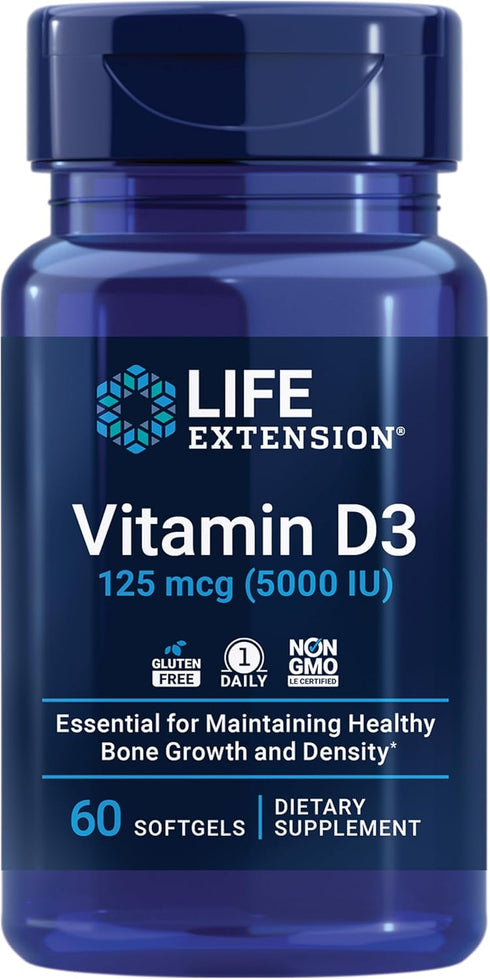 Life Extension Vitamin D3 125 mcg (5000 IU) for Bone Health, Brain Performance, Immune Support, 60 Softgels