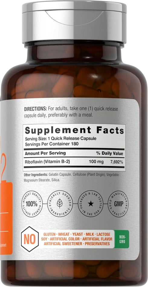 Horbaeach Vitamin B-2 100mg | 180 Tablets | Vegetarian, Non-GMO & Gluten Free Supplement | Vitamin B2 Riboflavin