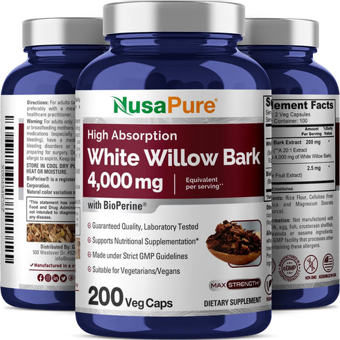NusaPure White Willow Bark 4000mg - 200 Veggie Capsules, Max Strength, Non-GMO, Bioperine, Herb Extract
