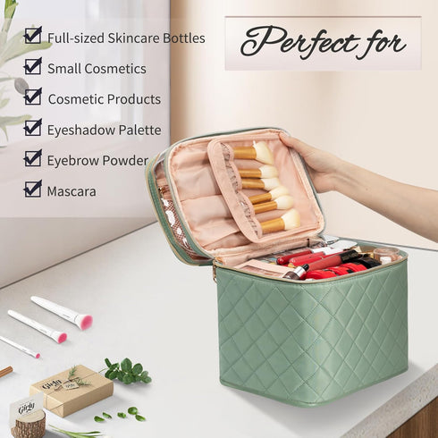 OCHEAL Large Double Layer Makeup Bag, Vertical Storage Cosmetic Case for Women/Girls with Multiple Compartments-Green