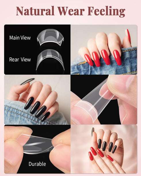 MORGLES Clear Acrylic Nail Tips - 500 Pcs French Nail Tips Square Half Cover with Glue, Clipper, and Files