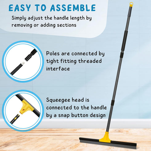 Floor Squeegee for Concrete and Tile Cleaning - 24'' Heavy Duty Rubber Scraper with 60'' Long Handle