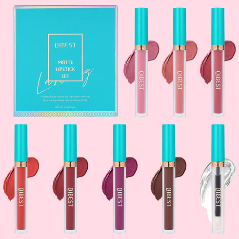 QiBest 7 Matte Liquid Lipstick Set with 1 Lip Plumper Gloss, Long Lasting, High Pigmented, Velvety Waterproof Lipgloss