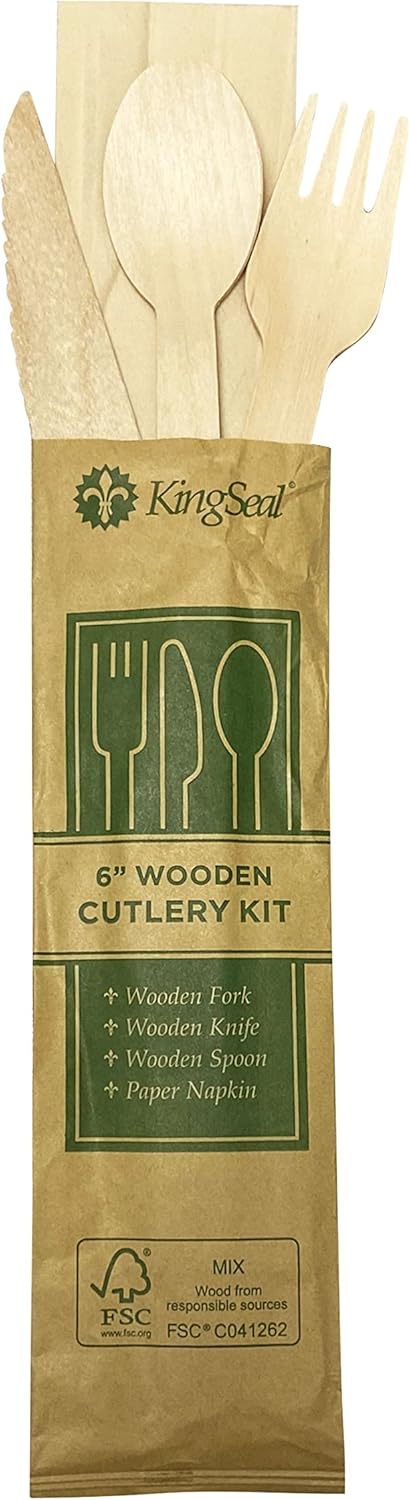KingSeal Bulk Pack of 25 FSC Certified Disposable Wood Cutlery Kits - Spoon, Fork, Knife with Bleach-Free Napkin
