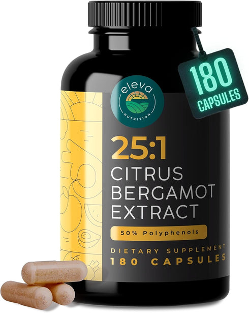 Citrus Bergamot Extract 1000mg Capsules - 180 Capsules, 25:1 Citrus Bergamot, 50% Polyphenols, Vegan, Non-GMO, Black