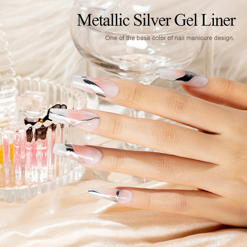 RARJSM Metallic Silver Gel Liner Nail Art, 3D Mirror Chrome Effect Gel Polish 8ml with Thin Brush for Home Salon DIY