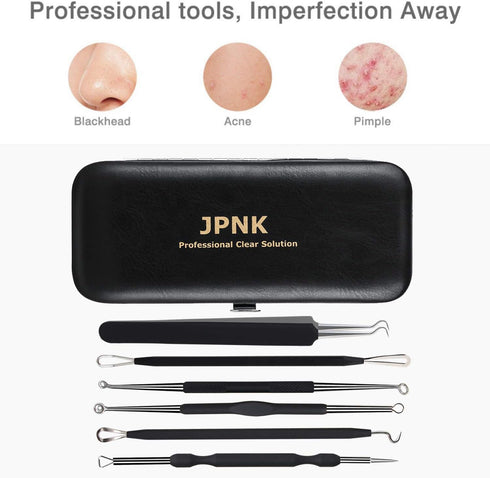 JPNK Blackhead Remover Tool Kit, 6 Pcs Comedones Extractor for Acne Removal with Leather Bag, Black
