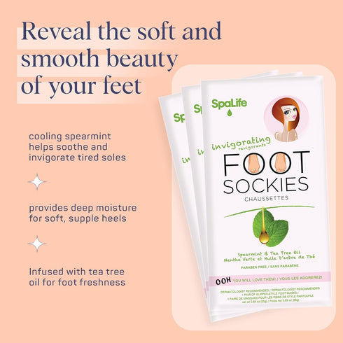 SpaLife 8-Pack Softening Care Foot Sockies - Spearmint & Tea Tree Oil Exfoliating Moisturizing Treatment