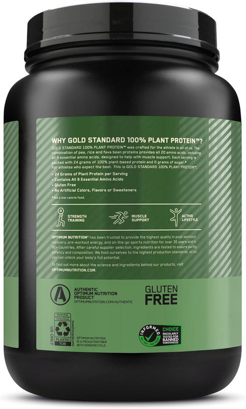 Optimum Nutrition Gold Standard 100% Plant Based Protein Powder, Gluten Free, Vegan for Muscle Support and Recovery