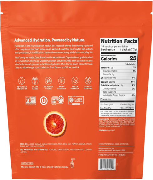 Cure Hydration Plant-Based Electrolyte Drink Mix - No Added Sugar - Coconut Water Powder - 14 Packets Blood Orange