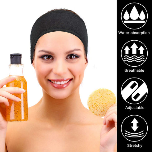 Whaline Spa Facial Headband - Adjustable Terry Cloth Makeup Wrap for Face Washing, Shower, 3 Pieces (White, Black, Pink)