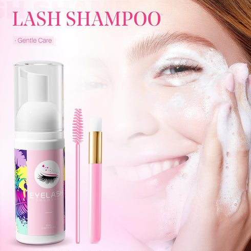 Lash Shampoo for Lash Extensions 60ml Eyelash Extension Cleanser Cleaning Kit with Shampoo Brush & Mascara Brush