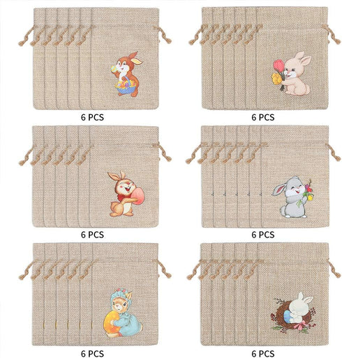 CCINEE 36PCS Easter Burlap Bags with Drawstring, Bunny Jute Goody Bags for Kids Party Favor Supply