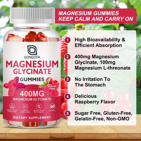 Magnesium Glycinate Gummies 400 mg with 100 mg Magnesium L-Threonate, Supports Calm, Sleep, Memory, 120 Gummies