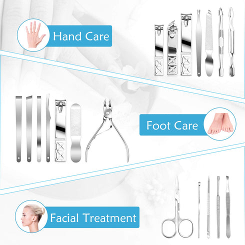 Teamkio 18pcs Stainless Steel Manicure Set, Travel Hygiene Kit, Professional Pedicure Nail Clippers, Leather Case