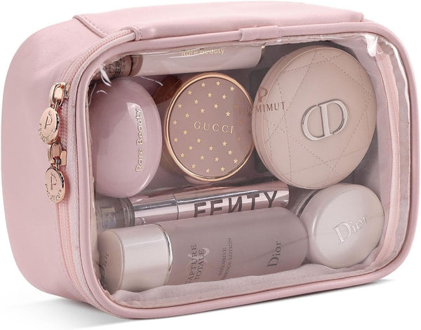 Pocmimut Makeup Bag, PU Leather Clear Travel Makeup Bag, Car Essentials for Women, Cosmetic Bag Organizers (Pink)
