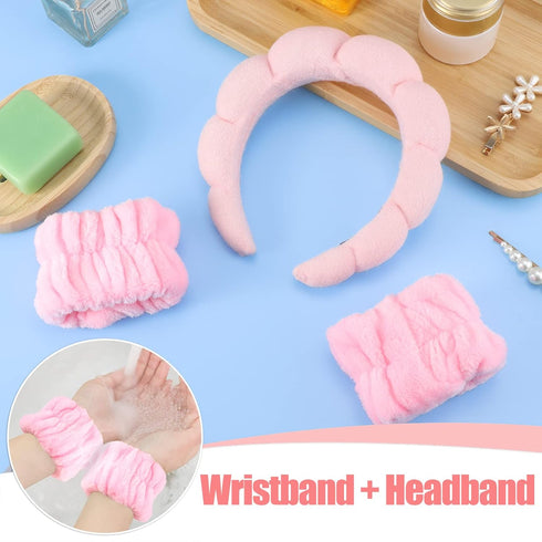 Sponge Spa Headband for Women, Makeup Headband and Wrist Washband Set, Pink Skincare Facial Headband for Face Washing
