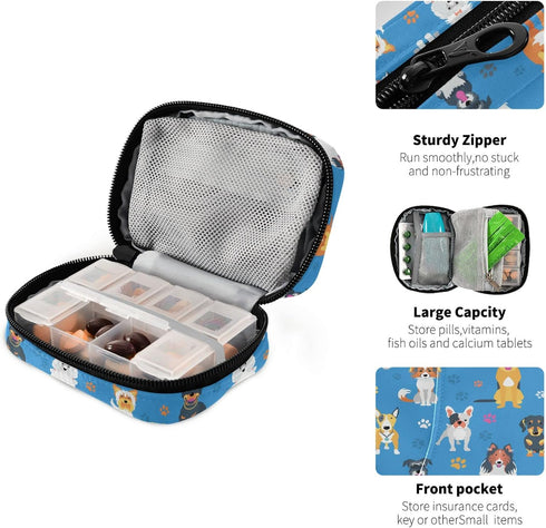 Ollabaky 7 Cute Dogs Pill Organizer Case, Portable Weekly Pill Box Bag Container Days Pill Vitamin Supplement Holder